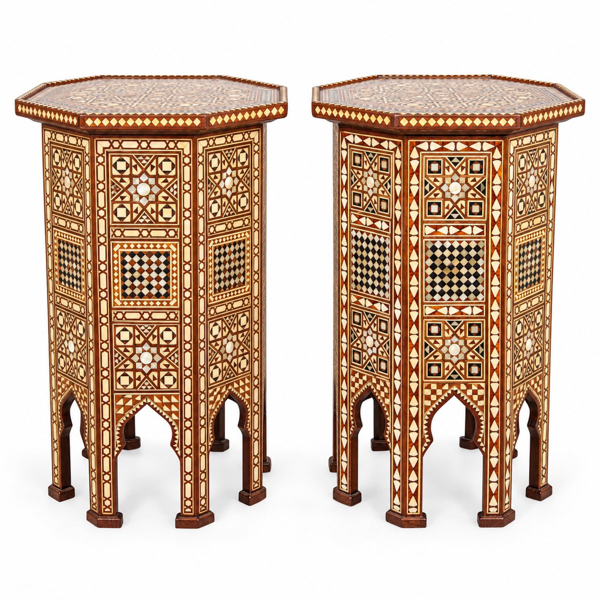 Pair of Moroccan Moorish Octagonal Pedestal Tables with Mother-of-Pearl