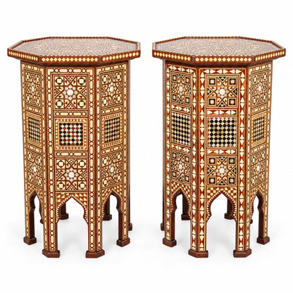 Pair of Moroccan Moorish Octagonal Pedestal Tables with Mother-of-Pearl