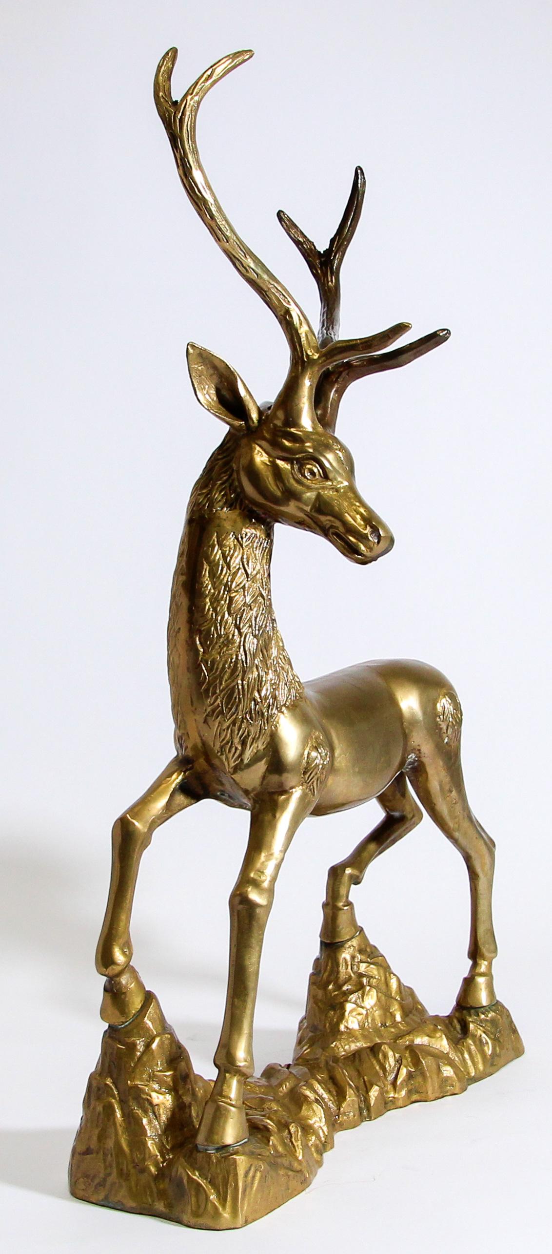 Hollywood Regency Cast Polished Brass Standing Stag Sculpture, 1960s — United States
