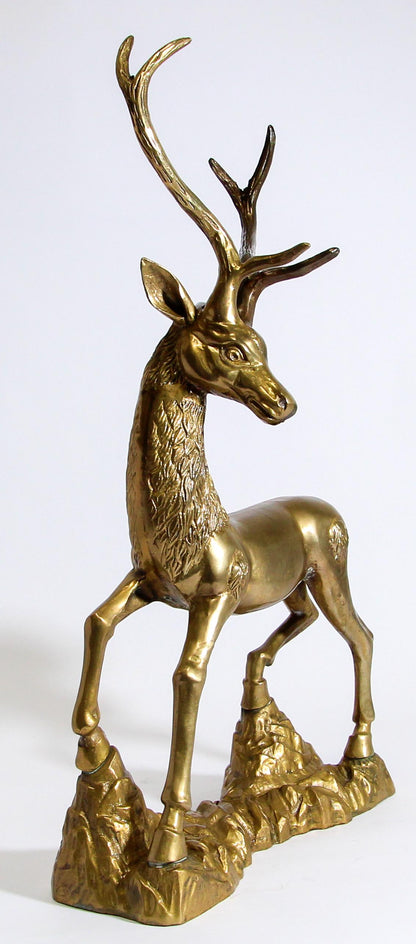 Hollywood Regency Cast Polished Brass Standing Stag Sculpture, 1960s — United States