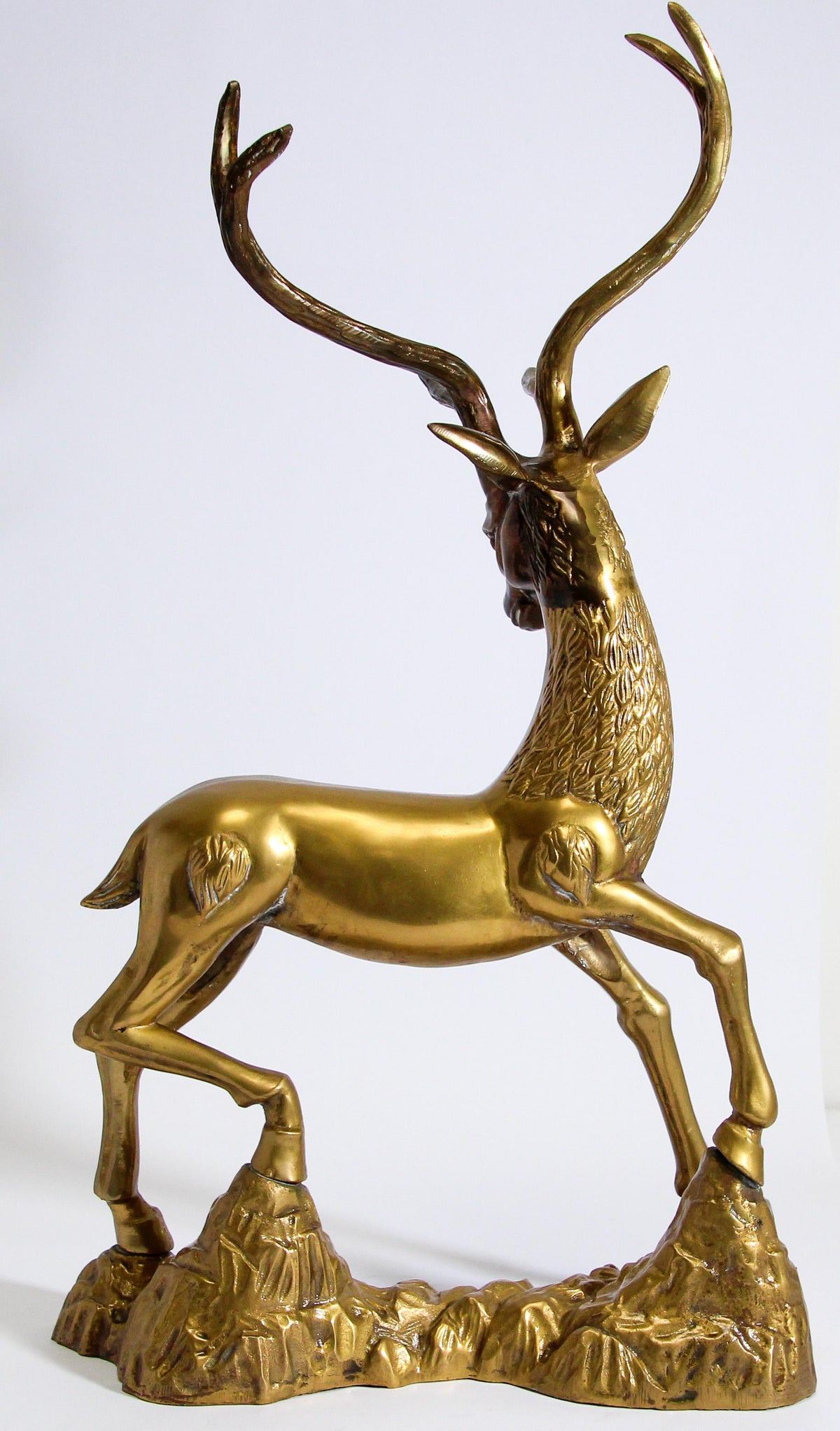 Hollywood Regency Cast Polished Brass Standing Stag Sculpture, 1960s — United States