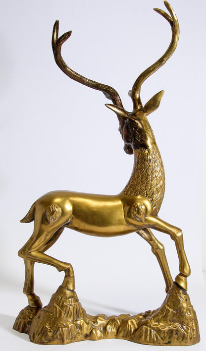 Hollywood Regency Cast Polished Brass Standing Stag Sculpture, 1960s — United States