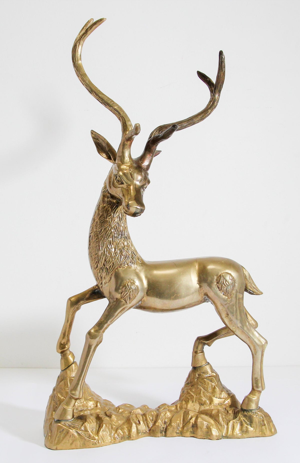 Hollywood Regency Cast Polished Brass Standing Stag Sculpture, 1960s — United States