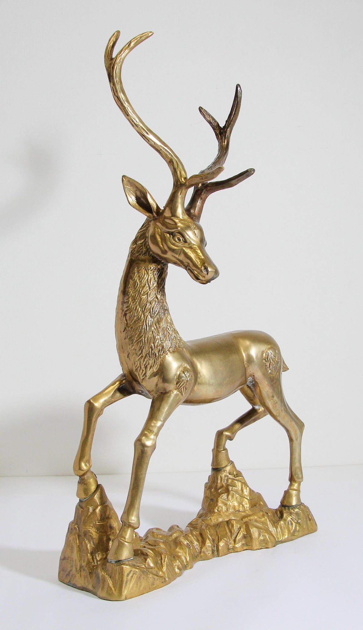 Hollywood Regency Cast Polished Brass Standing Stag Sculpture, 1960s — United States