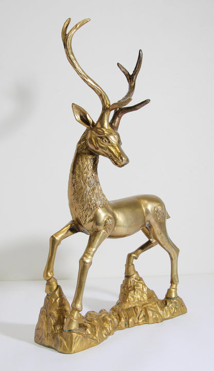 Hollywood Regency Cast Polished Brass Standing Stag Sculpture, 1960s — United States