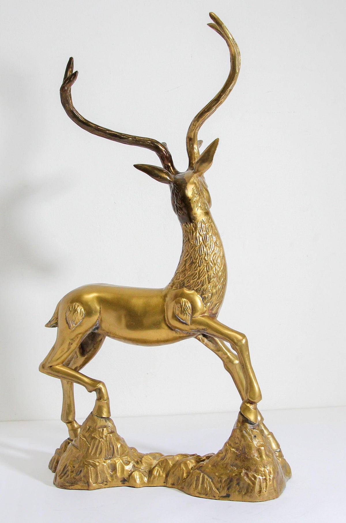 Hollywood Regency Cast Polished Brass Standing Stag Sculpture, 1960s — United States