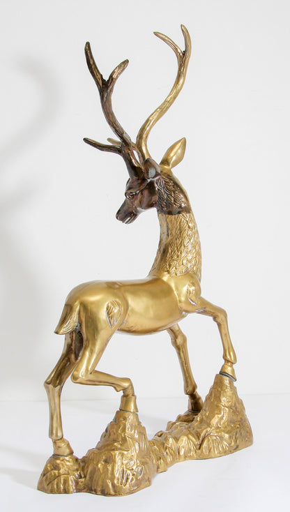 Hollywood Regency Cast Polished Brass Standing Stag Sculpture, 1960s — United States