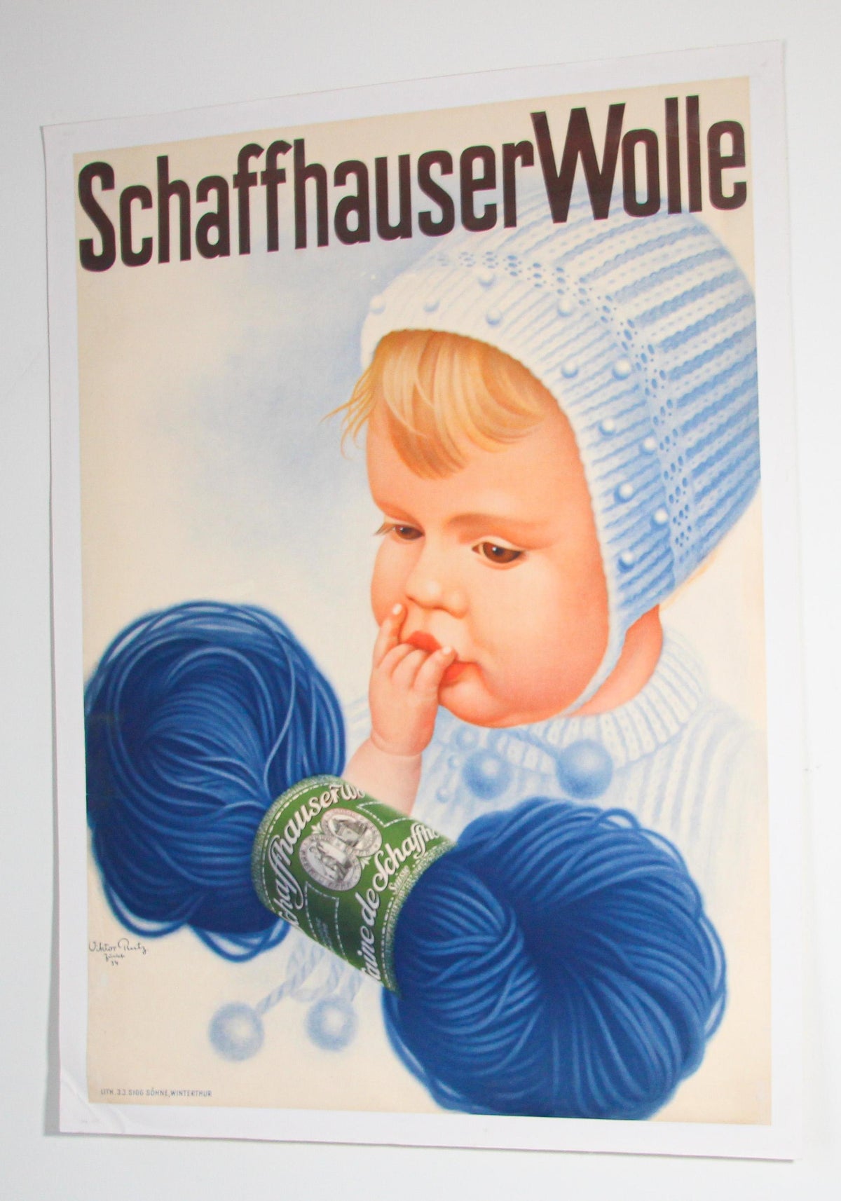 Swiss Schaffhauser Wolle Wool Yarn Knitting 1934 Baby Blue Vintage Poster — additional view 14