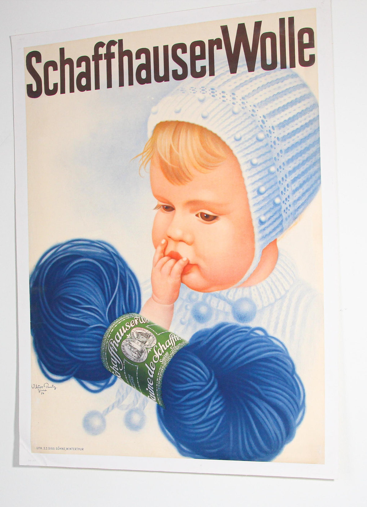 Swiss Schaffhauser Wolle Wool Yarn Knitting 1934 Baby Blue Vintage Poster — additional view 15