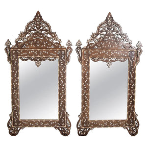 Damascene Moorish Bone Inlaid Mirrors With Floral Motif 52" H. A Pair