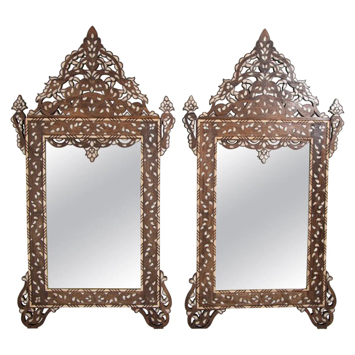 Damascene Moorish Bone Inlaid Mirrors With Floral Motif 52" H. A Pair