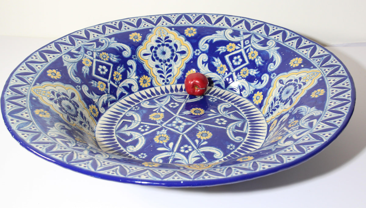 Oversized Blue and White Mexican Talavera Glazed Ceramic Bowl — Mexico