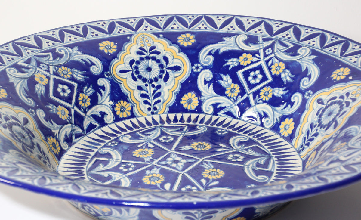 Oversized Blue and White Mexican Talavera Glazed Ceramic Bowl — Mexico