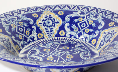 Oversized Blue and White Mexican Talavera Glazed Ceramic Bowl — Mexico