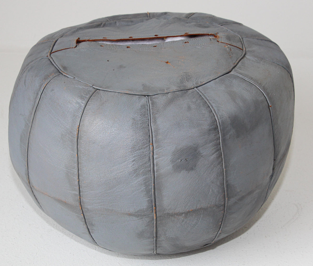 Vintage Moroccan Round Leather Pouf Hand-Tooled in Fez Morocco — additional view 10