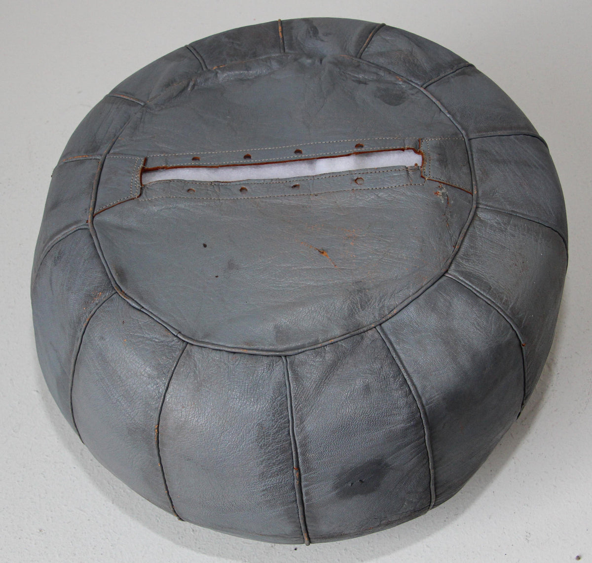 Vintage Moroccan Round Leather Pouf Hand-Tooled in Fez Morocco — additional view 8