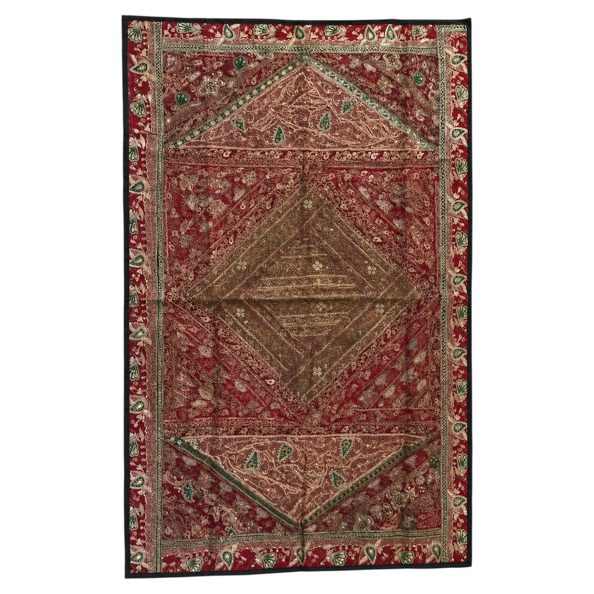 An antique-style Persian rug with a complex geometric and floral pattern, featuring a dominant red field, a central brown medallion, and a dark border with green and beige accents.