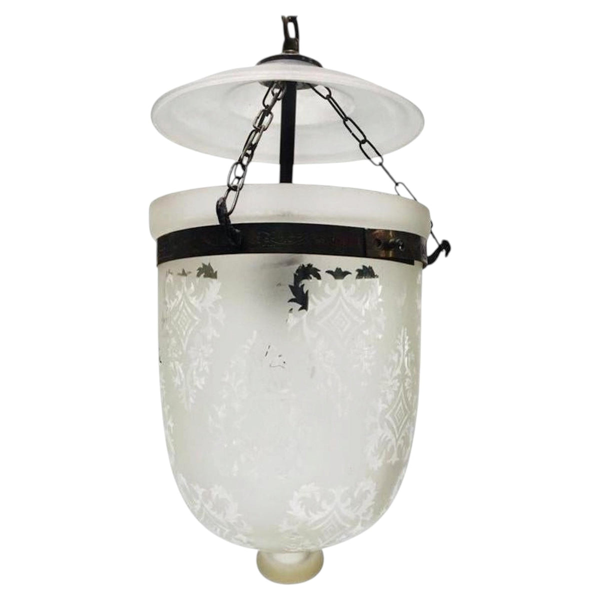 1970s Anglo-Indian Frosted Glass Bell Jar Lantern with Brass Fittings