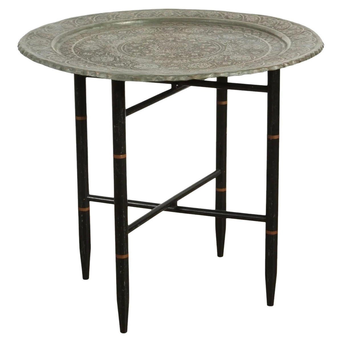 Antique Persian Qajar Tinned Copper Engraved Tray Table — Asia