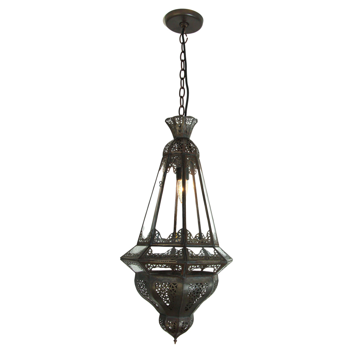 Moorish Hanging Lantern, Clear Glass & Metal, Morocco — Morocco