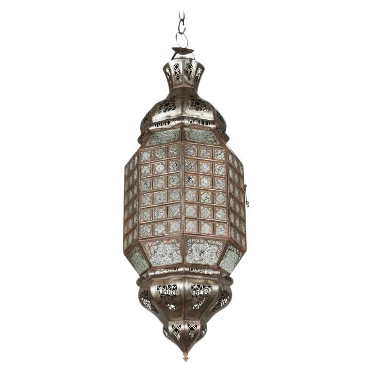 Moroccan Glass Lantern with Metal Filigree and Clear Glass