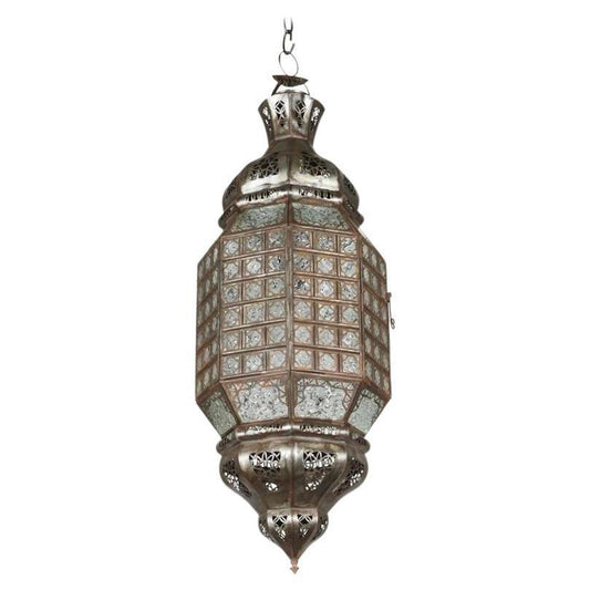 Moroccan Glass Lantern with Metal Filigree and Clear Glass