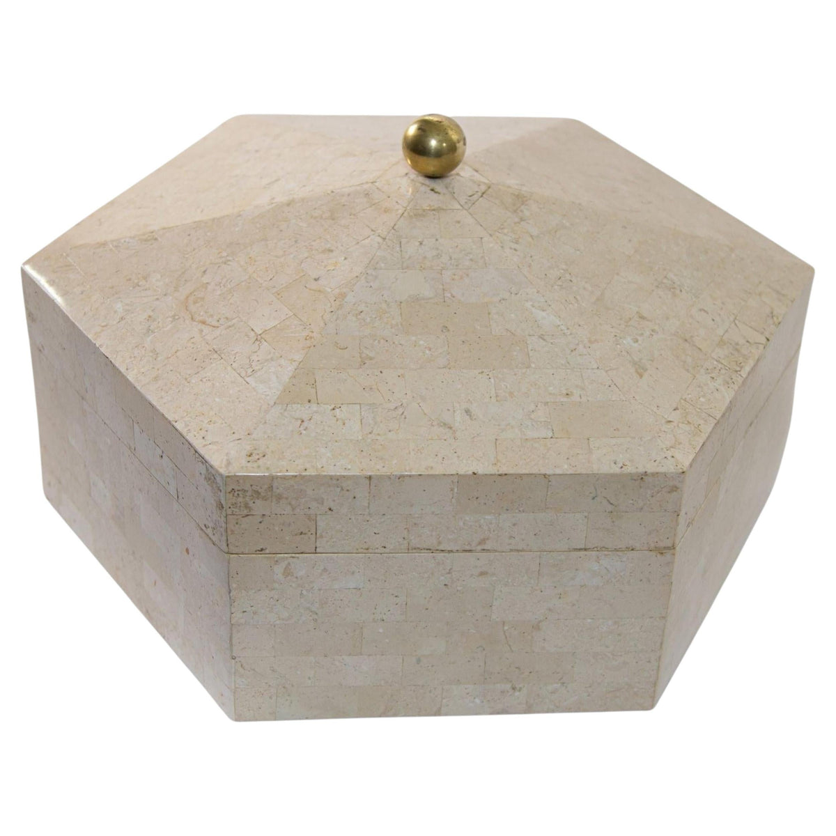 Maitland Smith Post Modern White Tessellated Hexagonal Stone Box 1980's — main image