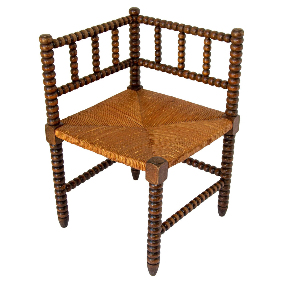 19th Century Antique French Bobbin Rush Corner Chair in Carved Oak — France