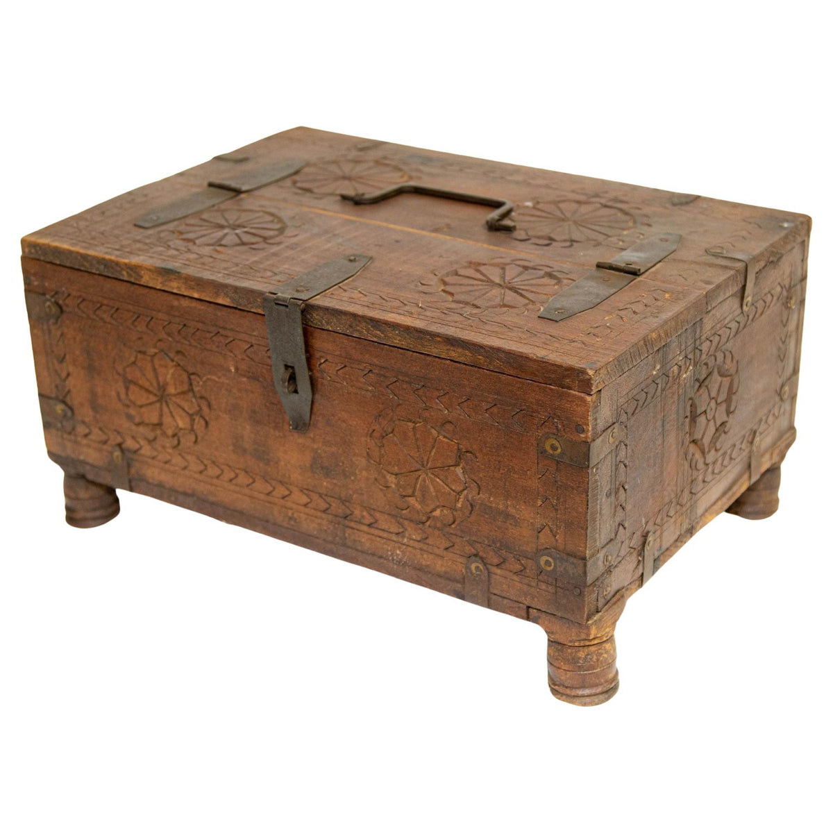 Antique Rajasthani Footed Chest Box, Hand-Carved Wood & Iron, 1900s — India