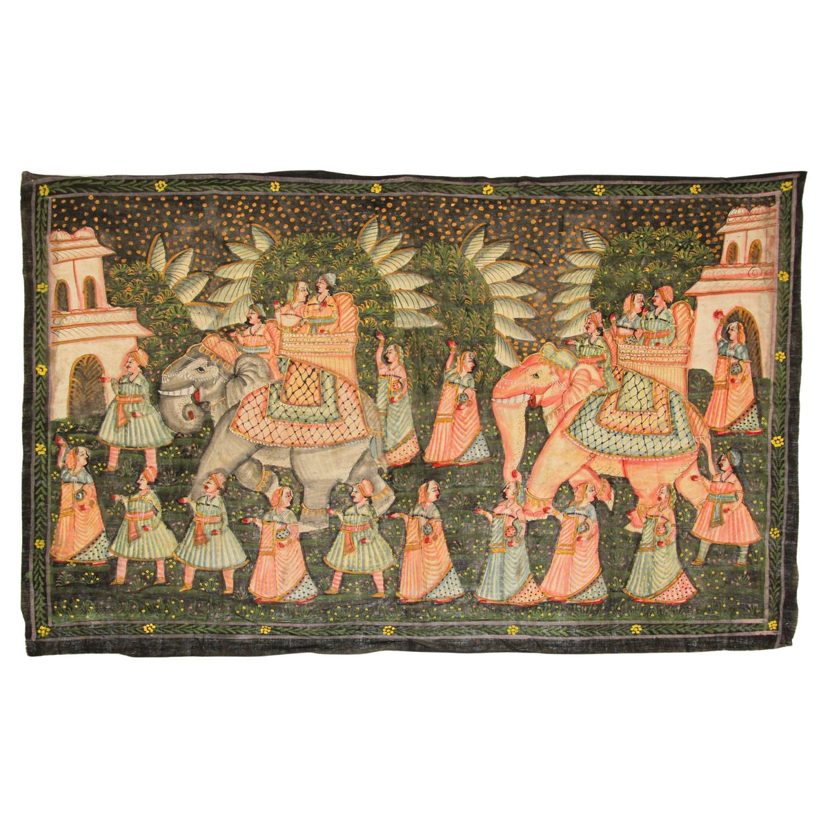Large Vintage Mughal Raj Silk Painting of a Maharaja Royal Procession — India