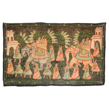 Large Vintage Mughal Raj Silk Painting of a Maharaja Royal Procession — India