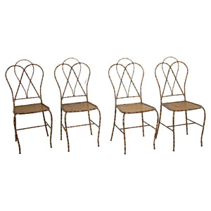Italian Gilt Metal Faux Bamboo Dining Chairs 1950s Set of 4