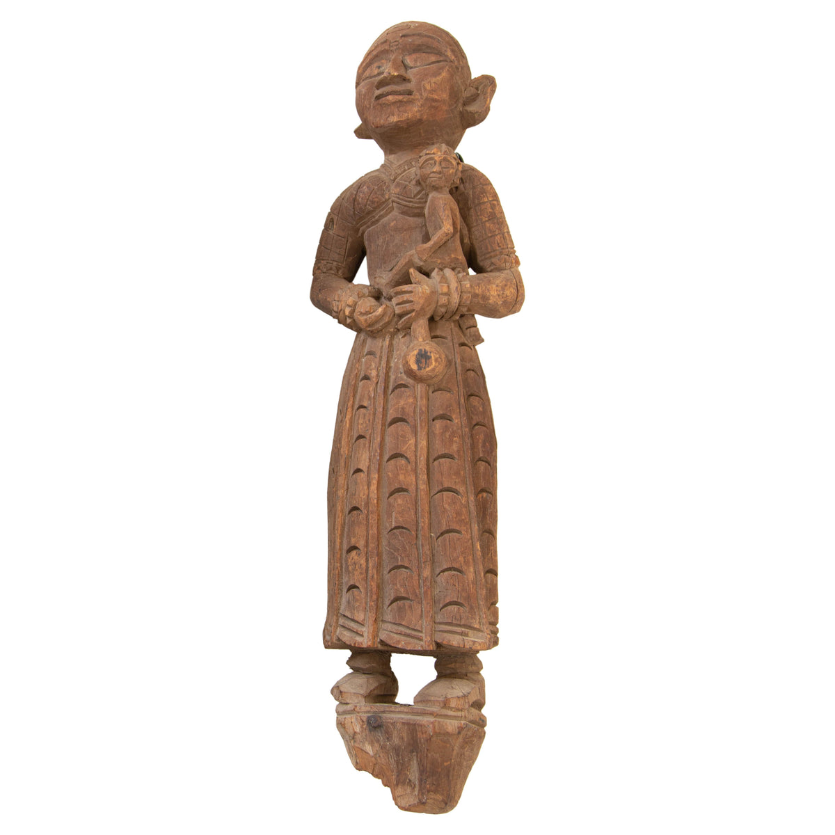 Antique Architectural Indian Carved Wood Temple Sculpture of Mother and Child — India