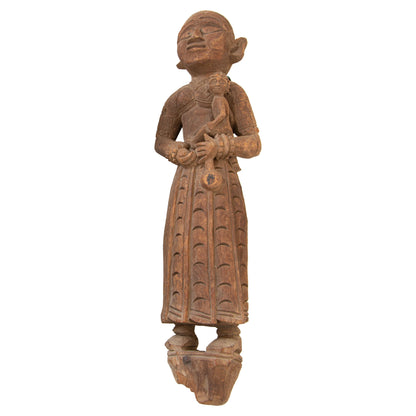 Antique Architectural Indian Carved Wood Temple Sculpture of Mother and Child — India