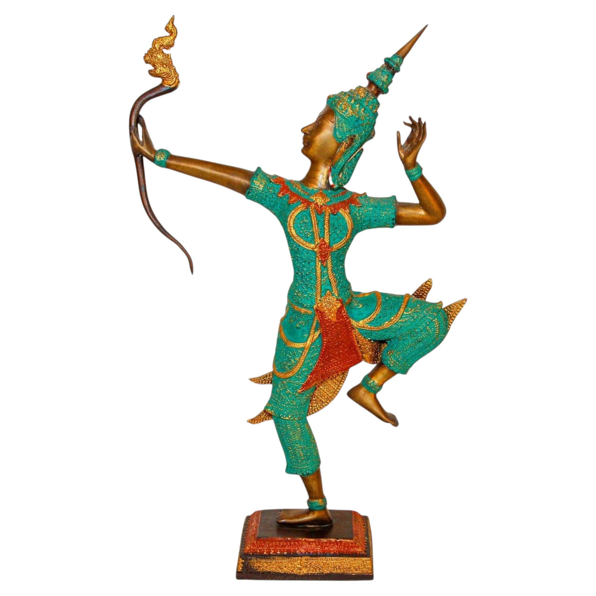 Vintage Bronze Gold and Green Thai Figurine of Prince Rama with a Bow — main image