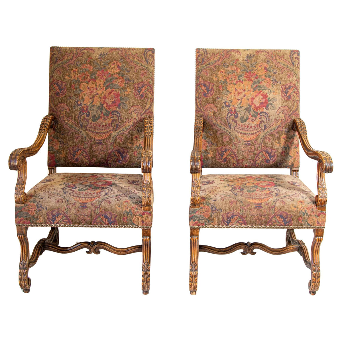 French Baroque Walnut Armchairs with Aubusson Upholstery, Circa 1930 — detail view 2