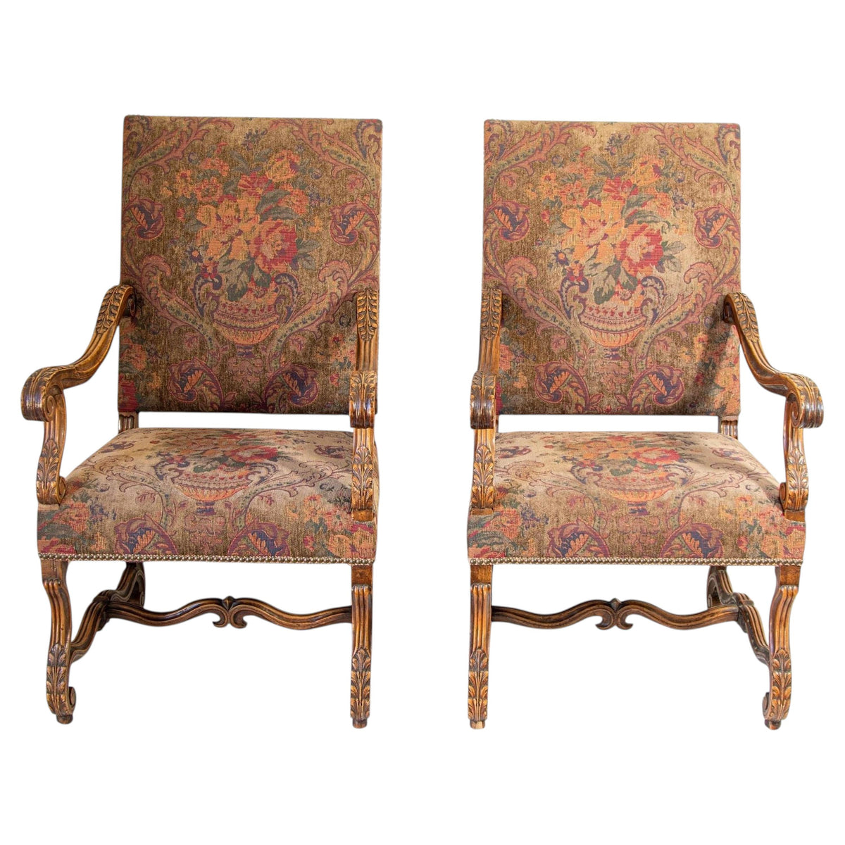 French Baroque Walnut Armchairs with Aubusson Upholstery, Circa 1930 — France