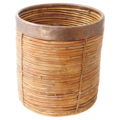 Large Rattan Bamboo Round Planter Brass Rim Italy, 1970s — Italy