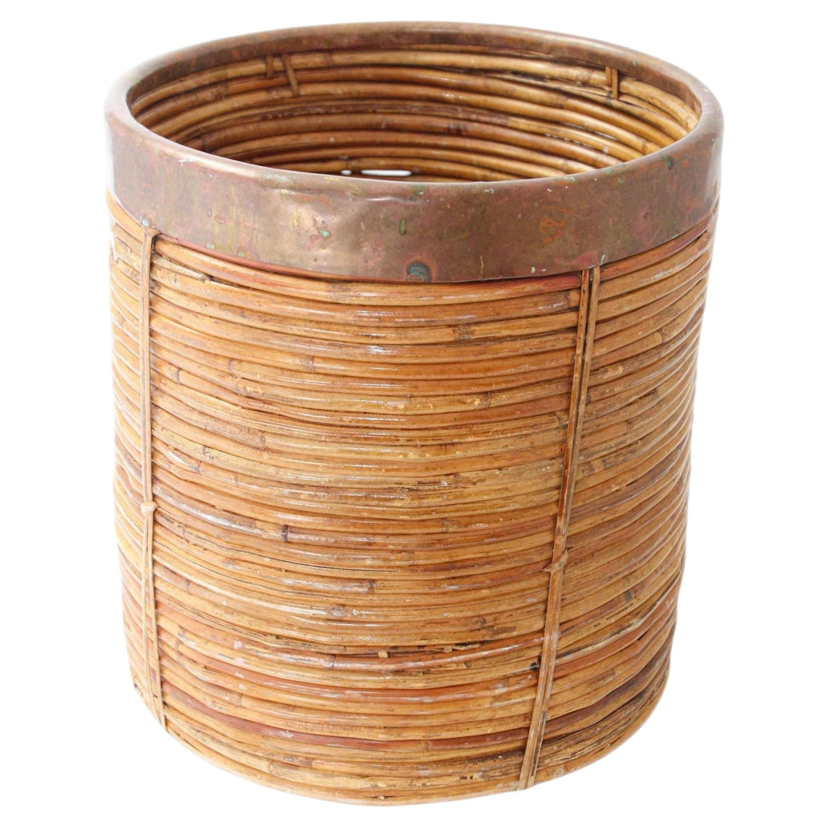 Large Rattan Bamboo Round Planter Brass Rim Italy, 1970s — Italy