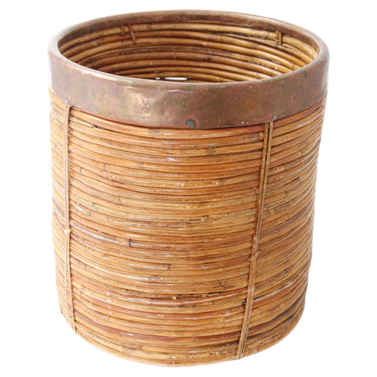Large Rattan Bamboo Round Planter Brass Rim Italy, 1970s — Italy