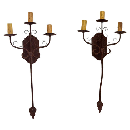 Pair of Vintage Spanish Revival Wrought-Iron Three-Light Wall Sconces — North America