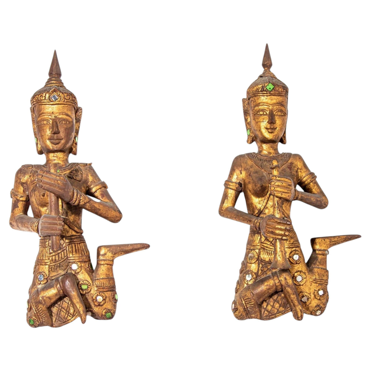 Asian Thai Angel Figures of Musicians Wood Sculptures — Thailand