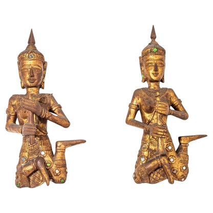 Asian Thai Angel Figures of Musicians Wood Sculptures — Thailand