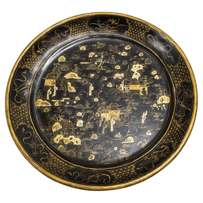 Large Chinese Platter in Black Lacquered Gilt Hand Painted 1940s — additional view 2