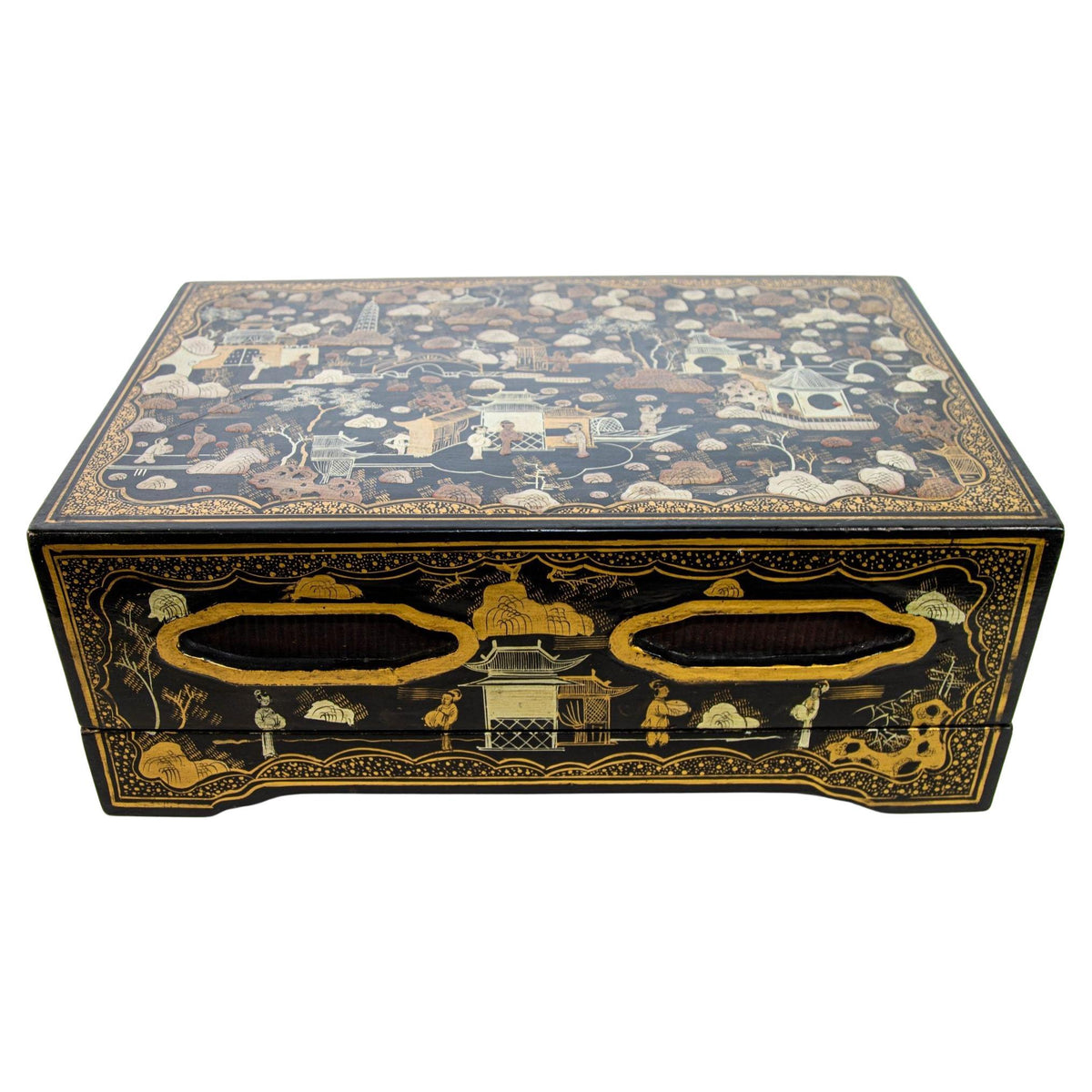 Large Chinoiserie Rectangular Black Lacquered Gilt Painted Covered Box 1950s — main image