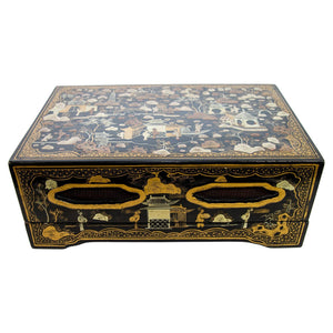 Large Chinoiserie Rectangular Black Lacquered Gilt Painted Covered Box 1950s