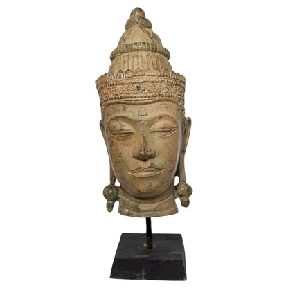 Cast Bronze Buddha Head Sculpture with Verdigris 19th C. — Thailand