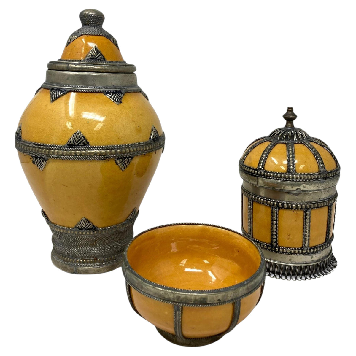 Set of 3 Vintage Moroccan Ceramic Jars with Silver Filigree, 1980 — Morocco