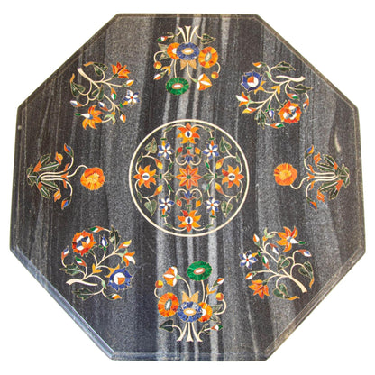 Mughal Rajasthani Black Marble Inlay Pietra Dura Table Top India — India