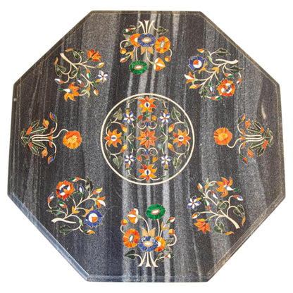 Mughal Rajasthani Black Marble Inlay Pietra Dura Table Top India — India